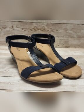 Alfani Voyage Womens T-Strap 2” Wedge Slingback Sandals - Navy Blue - Size 7.5M